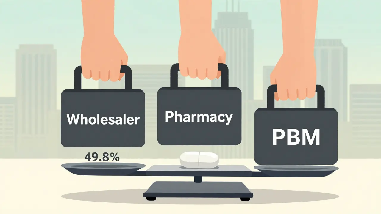 Generic pill on scale weighed against profits of wholesalers, pharmacies, and PBMs