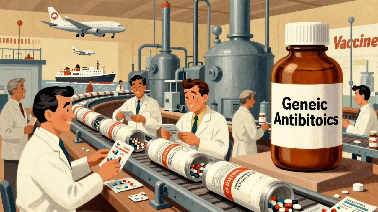 Indian pharmacy factory with workers packaging pills for international export