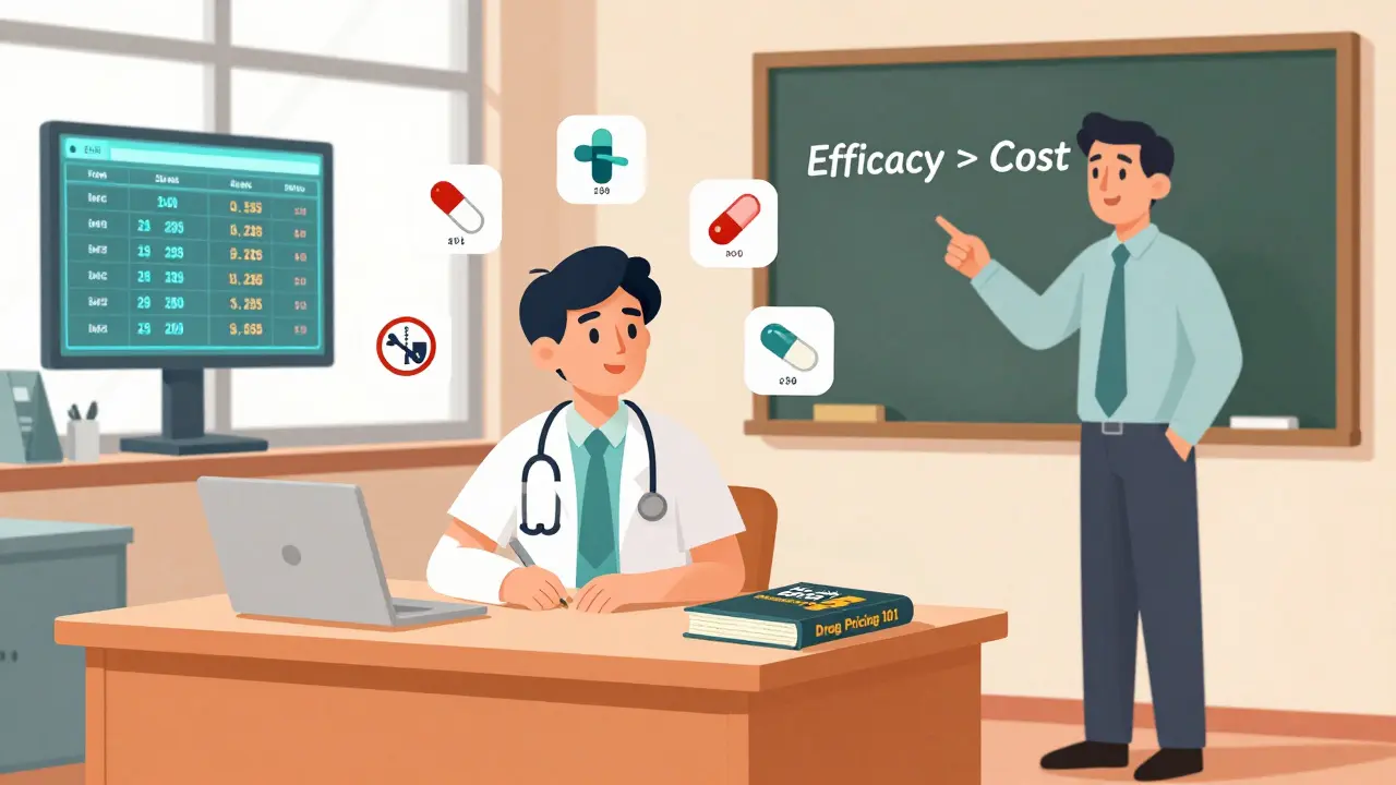 Medical student ignoring drug pricing book while professor emphasizes efficacy
