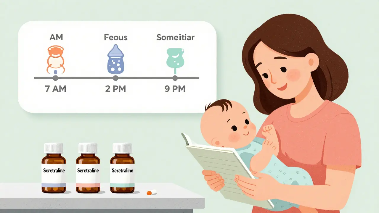 Mother with feeding log and sertraline pills, timeline showing nursing before doses.