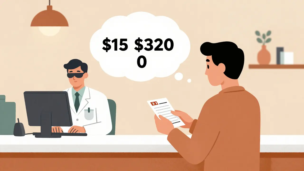 Patient at pharmacy with thought bubble showing wildly different drug prices