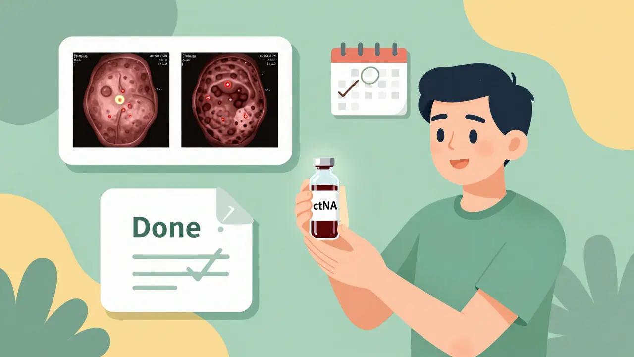 Patient holding a blood vial with no cancer traces, surrounded by medical icons and scans.