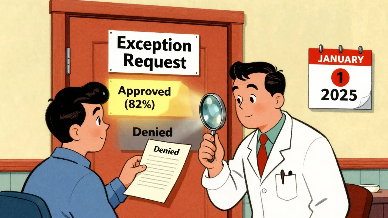 Patient holding a doctor’s letter before a decision door labeled 'Exception Request,' with two paths showing approval and denial outcomes.