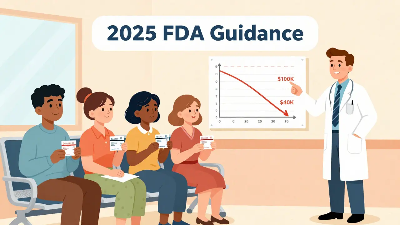 Patients in a hospital receiving biosimilar prescriptions as an FDA scientist shows a falling cost chart in mid-century style.