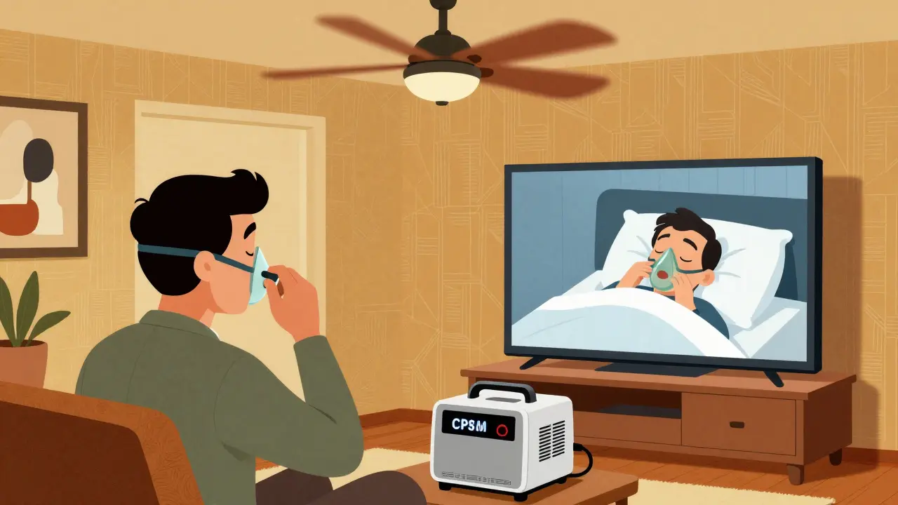 Person adjusting a nasal pillow mask while watching TV, with before-and-after sleep states in mid-century cartoon style.