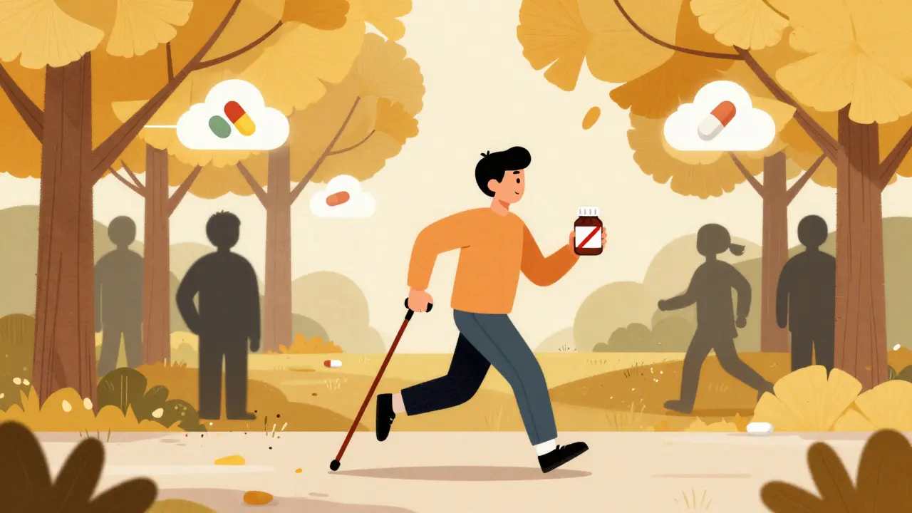 Person jogging under ginkgo trees with a banned supplement bottle, pill shadows watching from behind trees.