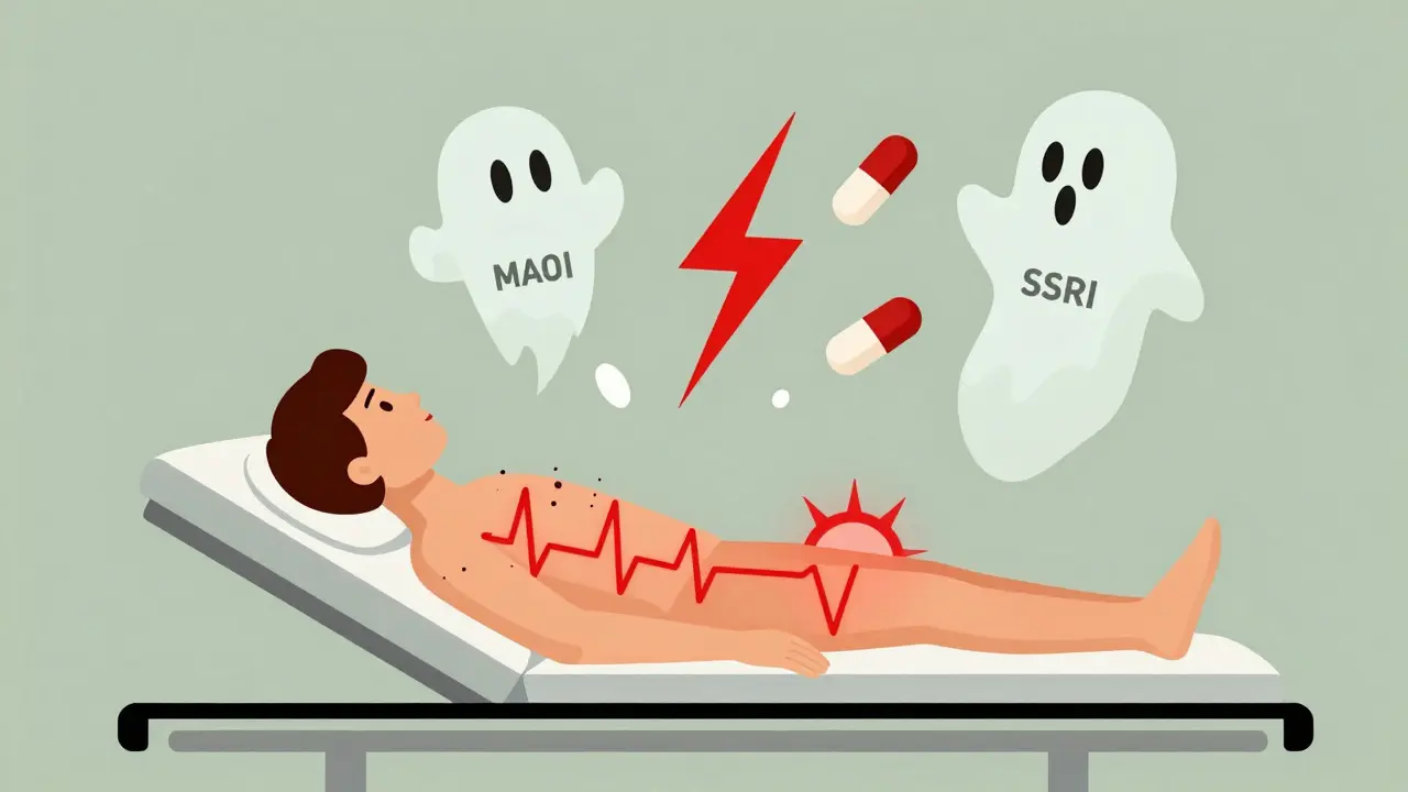 Person on hospital gurney with glowing symptoms and conflicting pills above in red lightning.