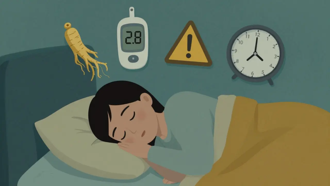 Person sleeping as ginseng and low blood sugar icons float above bed