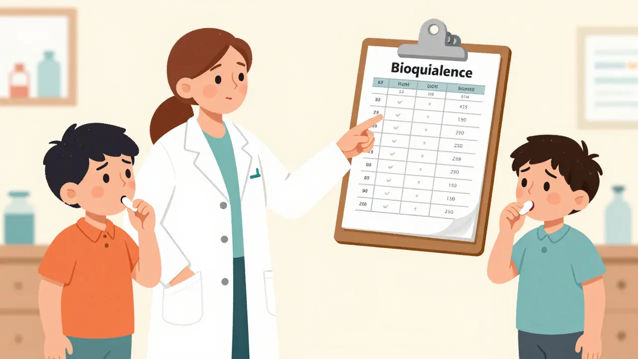 Pharmacist explaining medication types to children, one swallowing tablet whole while others chew properly.
