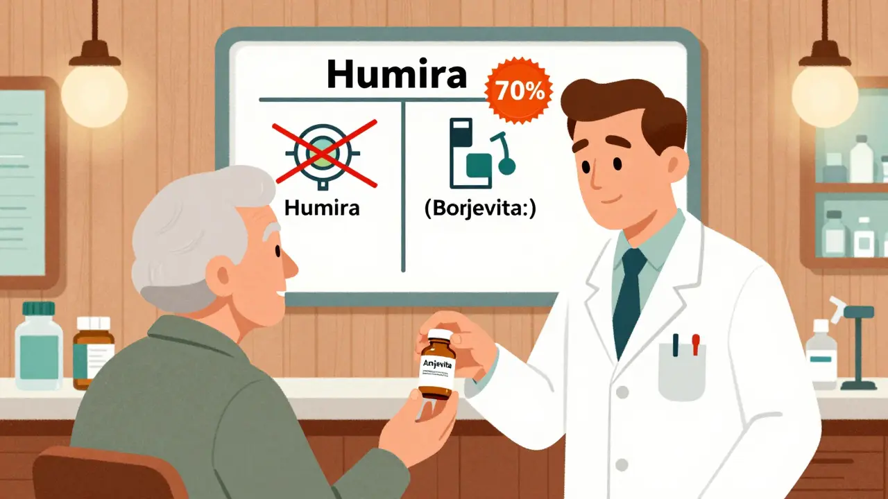 Pharmacist giving a biosimilar medication to an elderly patient, with Humira crossed out and replaced by a savings badge on a retro pharmacy wall.