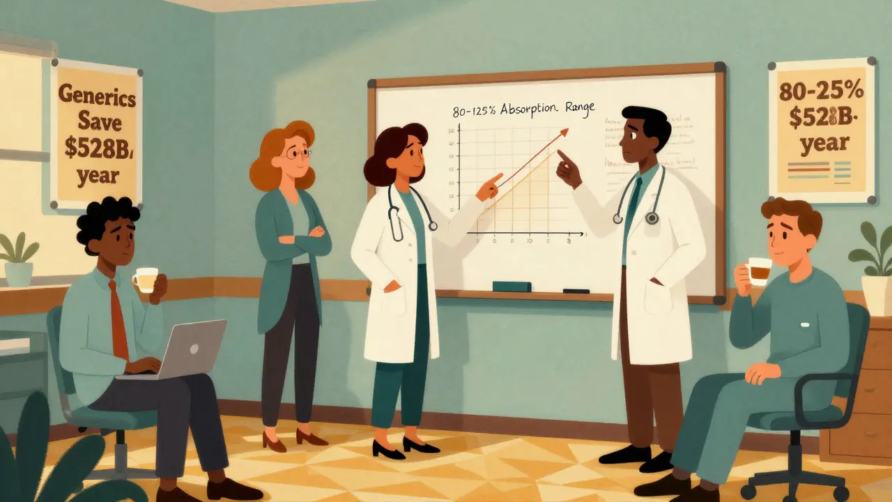 Physicians gathered around a whiteboard discussing bioequivalence data in a mid-century break room with geometric patterns.