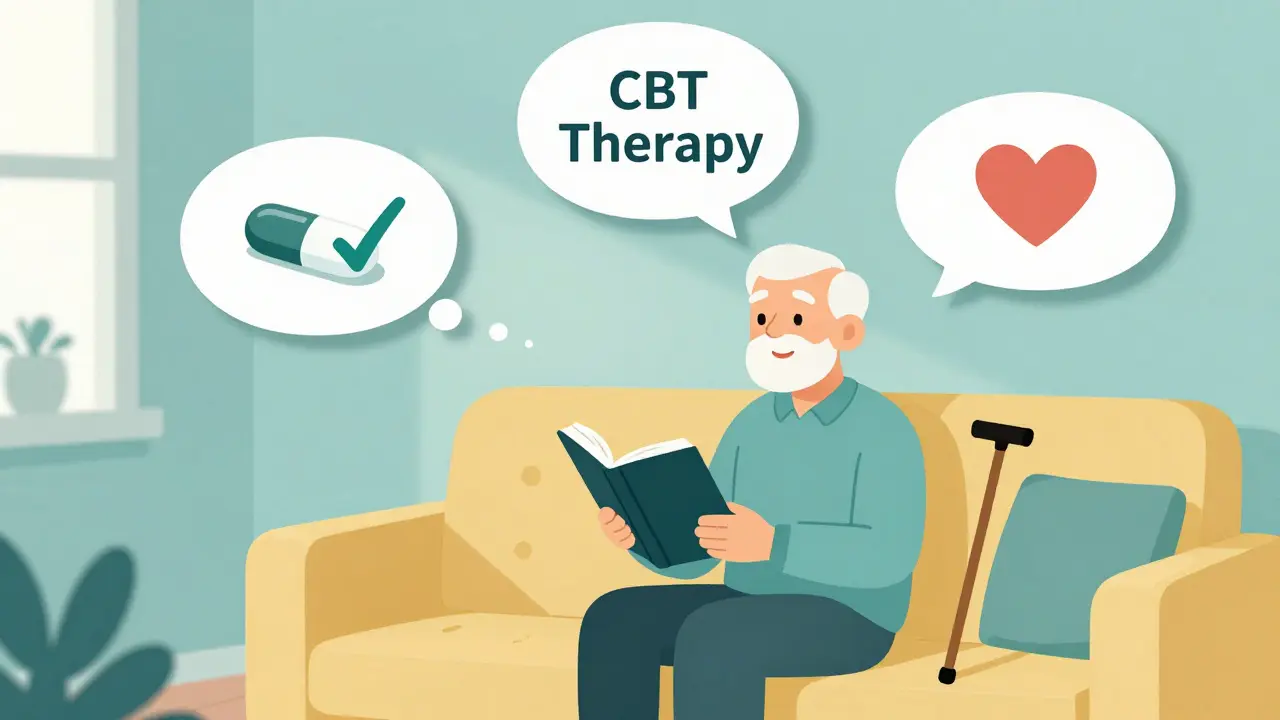 Senior man surrounded by safe depression treatment alternatives: pill, therapy bubble, and walking cane.