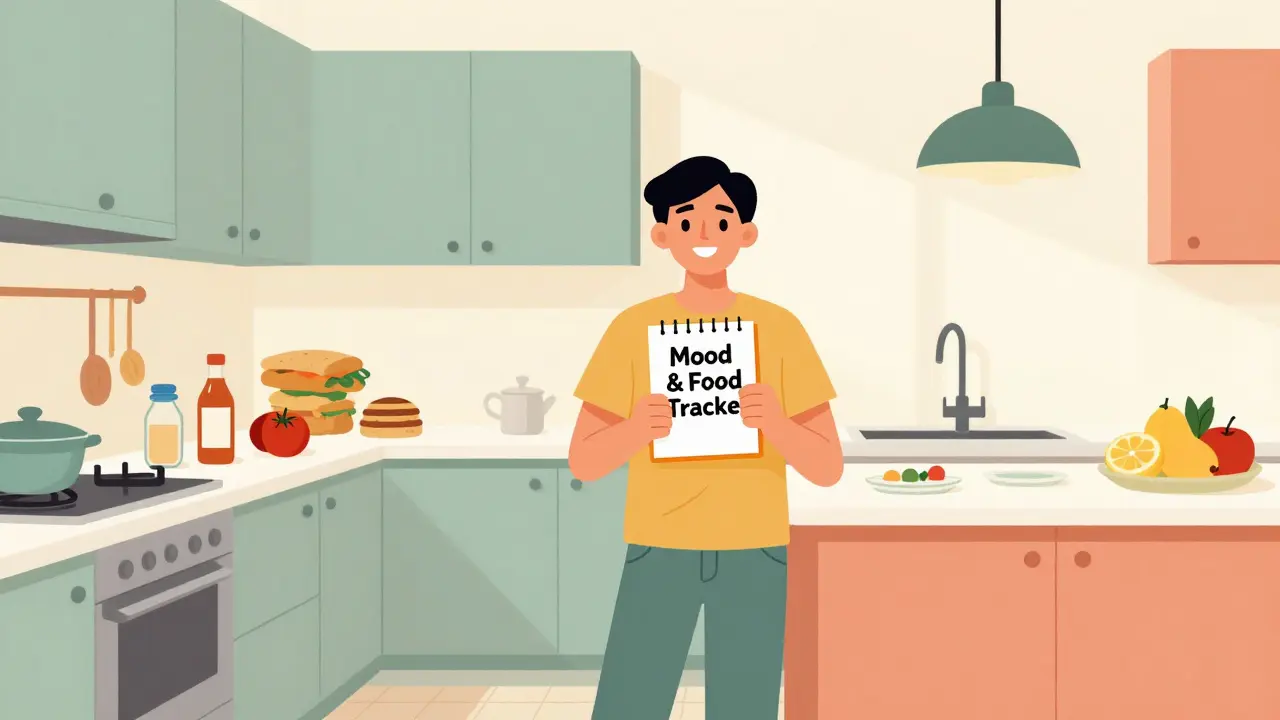 Split kitchen scene showing cluttered vs. minimalist environments for healthy eating habits.