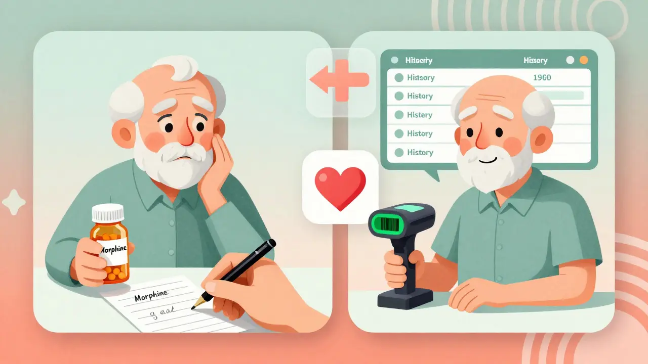 Split scene showing medication error prevented by proper patient identification with barcode system.