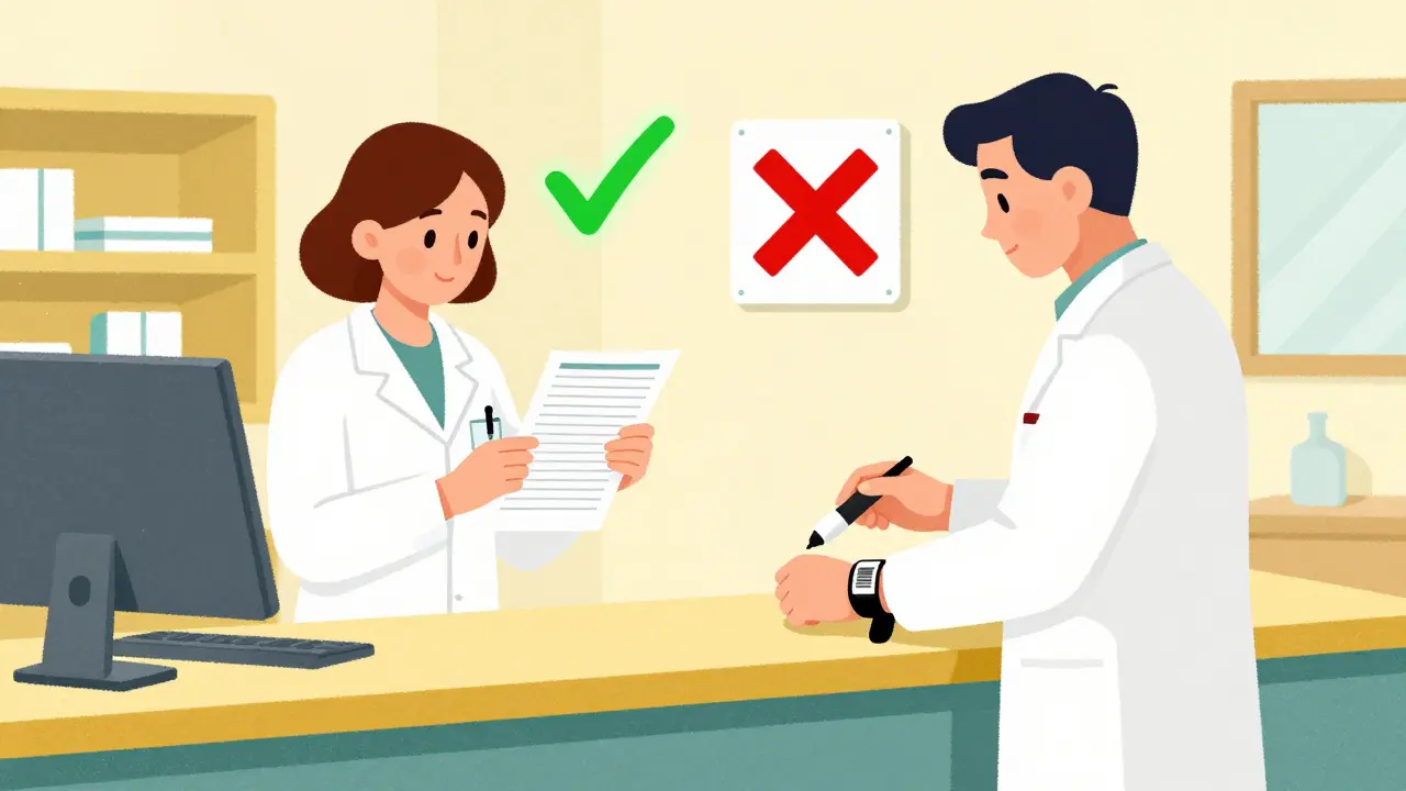 Two pharmacists independently verifying patient information using paper records and barcode scanning.