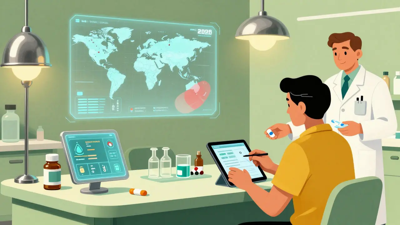 A futuristic 2026 travel clinic with holographic disease maps and AI prescribing personalized meds in retro-futuristic mid-century design.