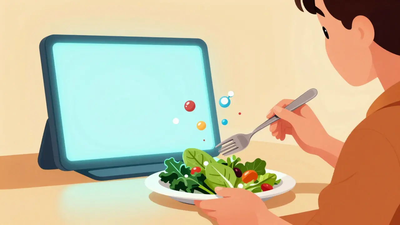 A person eating a green salad beside a modern screen with subtle nutrient molecules floating above, promoting natural eye protection.