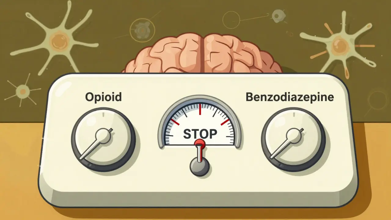 A retro brainstem control panel shows breathing gauge plummeting as opioid and benzodiazepine dials rise.