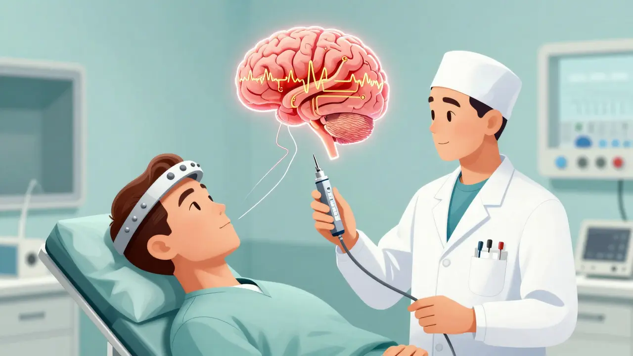An awake patient during DBS surgery, with stylized brain circuits being calmed by electrical pulses, in a retro operating room setting.