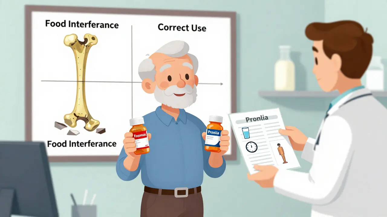 Elderly man compares osteoporosis treatments with doctor, one option showing strong bone growth.
