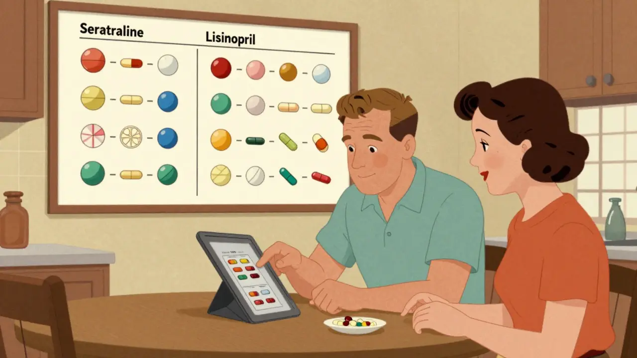 Family reviewing pill variations on a chart at kitchen table.