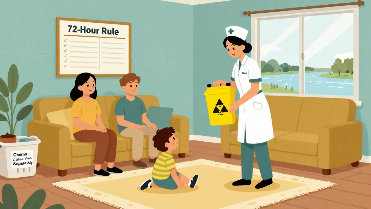 Family safe at home while nurse delivers hazardous waste container, checklist on wall.