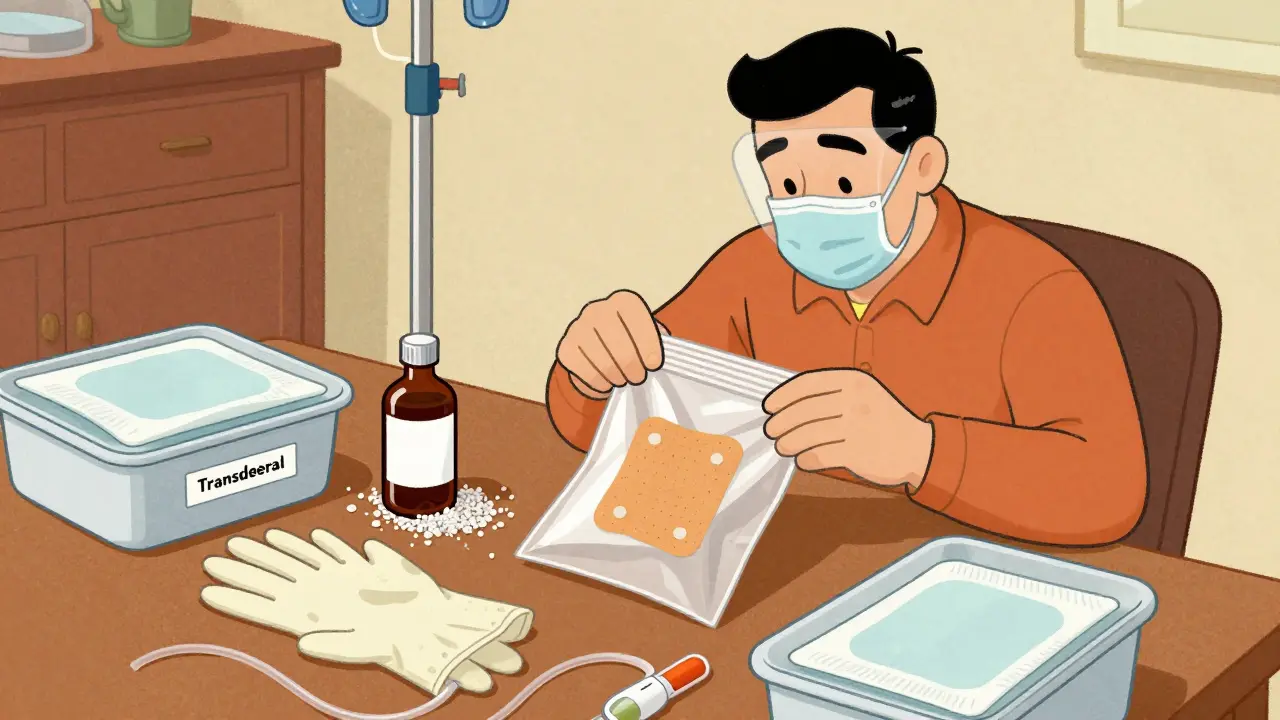 Man folding a chemo patch into a sealed bag with absorbent materials nearby.