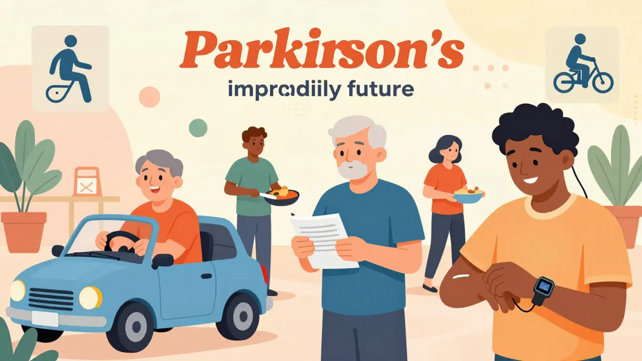 Parkinson’s patients enjoying daily activities like driving and cooking, supported by DBS technology, in a bright, mid-century inspired community space.
