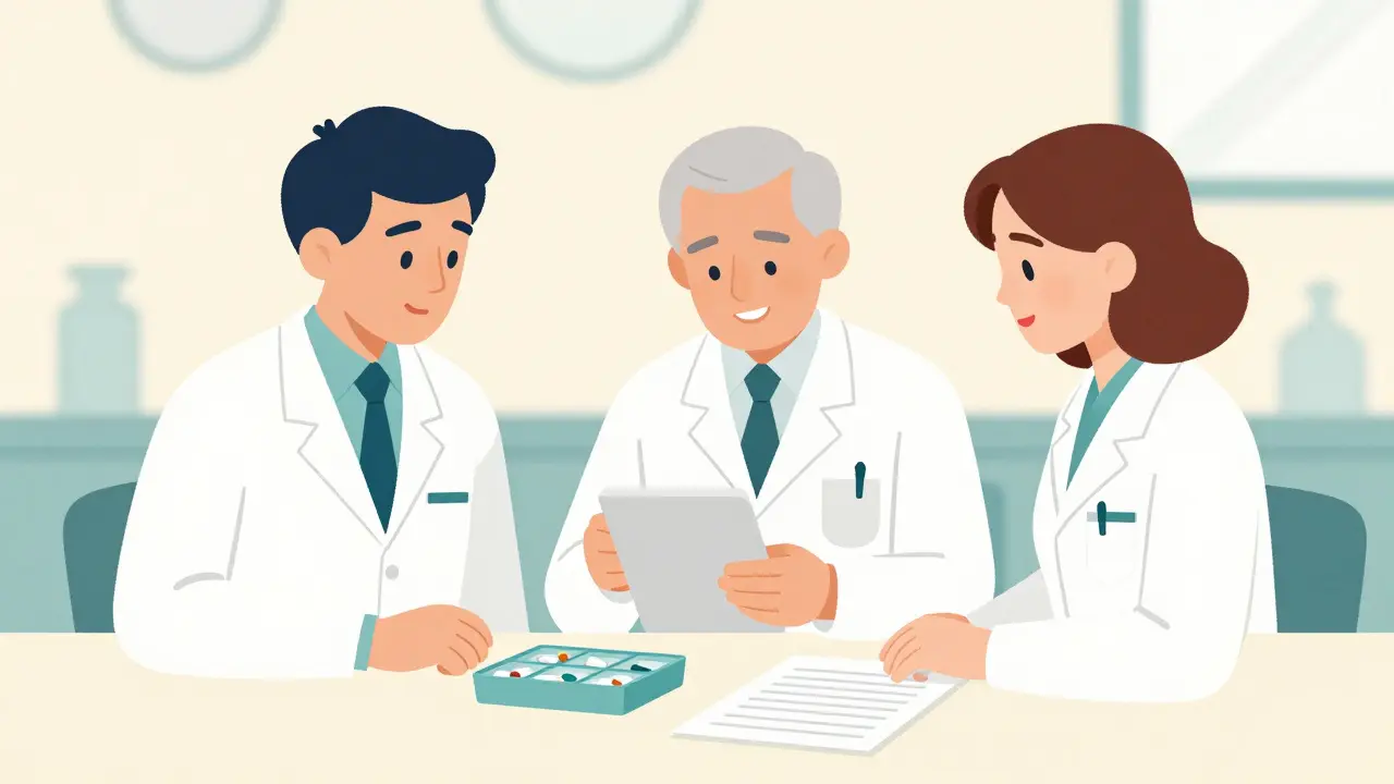 Pharmacist and caregiver reviewing medications with pill organizer.