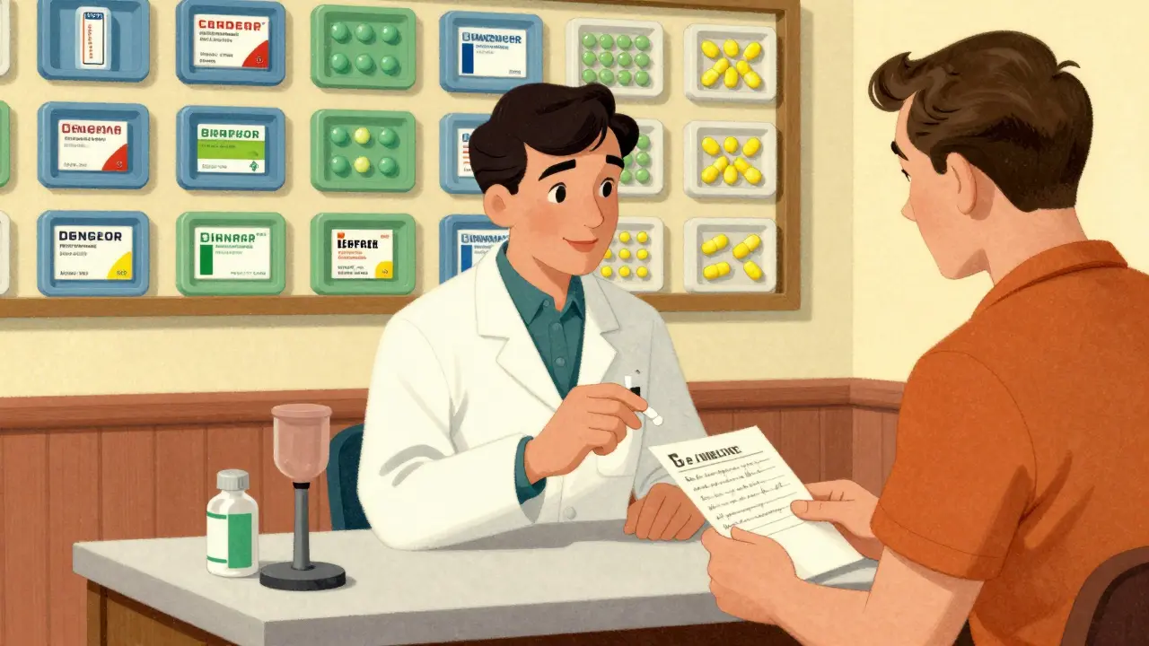 Pharmacist explaining pill changes to patient with colorful medication samples on wall.