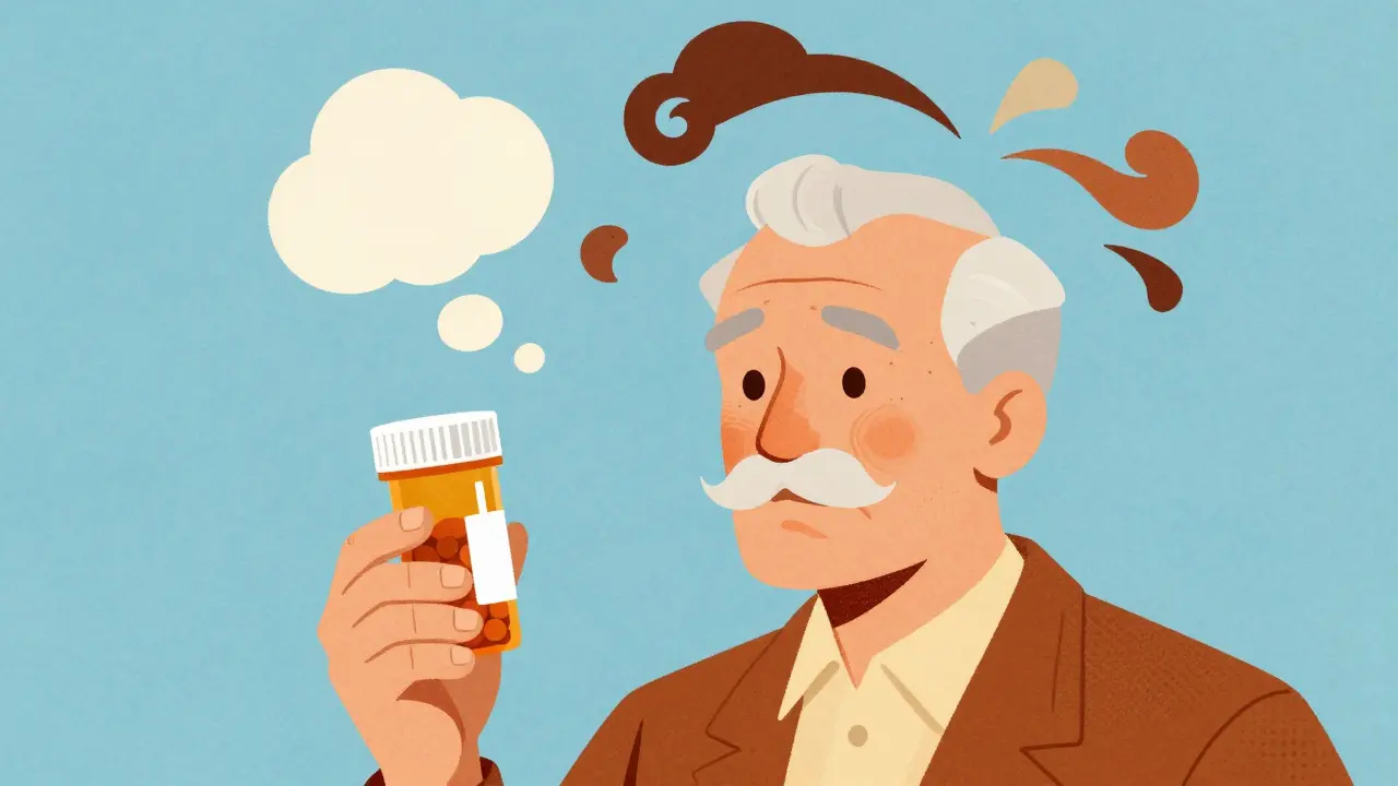 Senior with confusion from pills, abstract thought patterns.