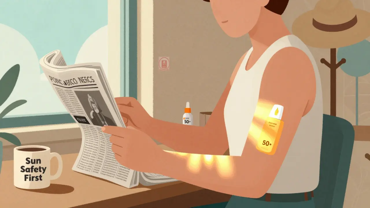 Someone working at a desk protected by UPF clothing and sunscreen, with UV-blocking film on the window.