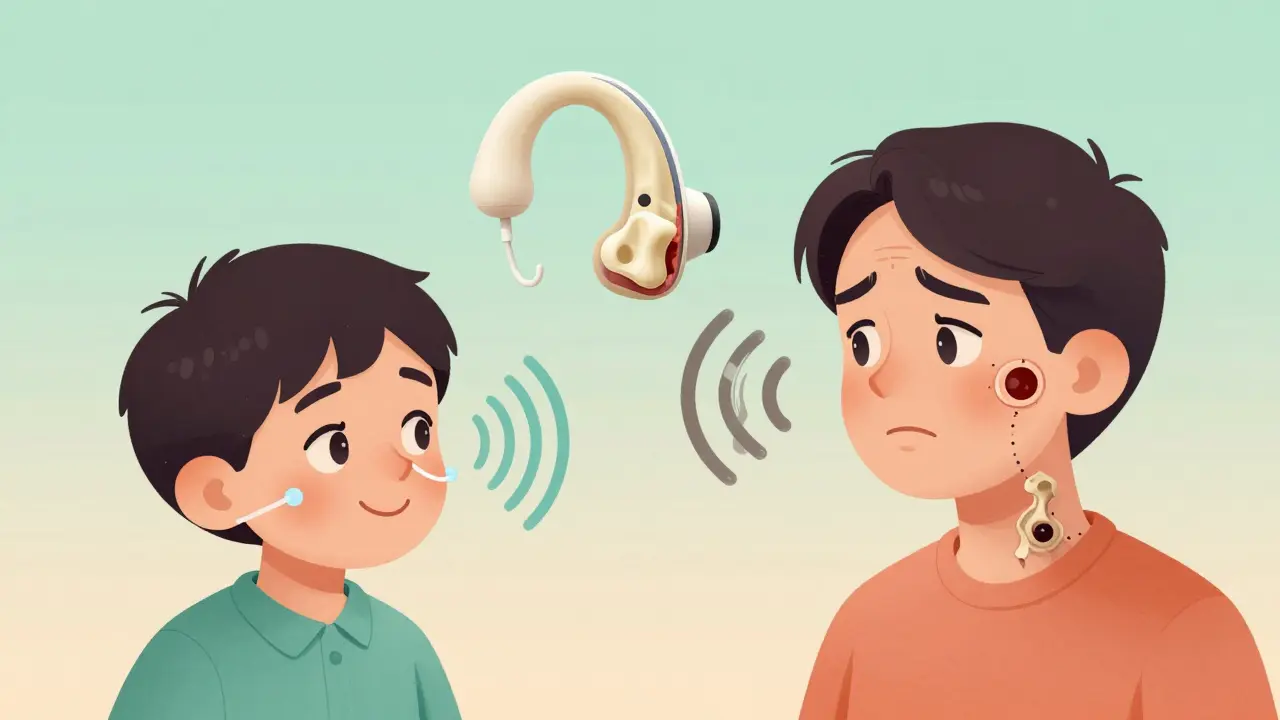 Split illustration comparing a child with ear tubes and an adult with cholesteatoma, showing sound flow differences.