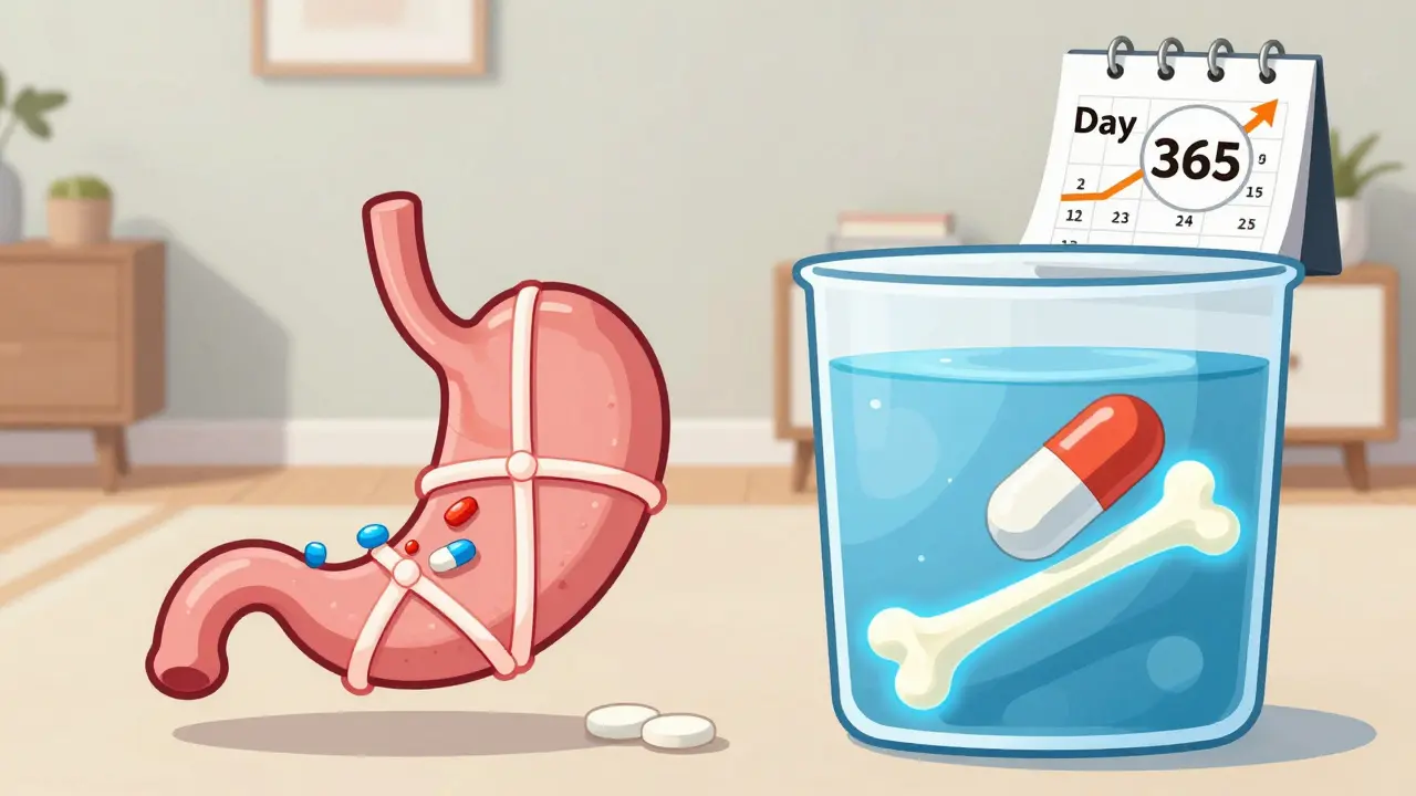 Split illustration: dairy traps osteoporosis pill vs. water allows absorption into bone.