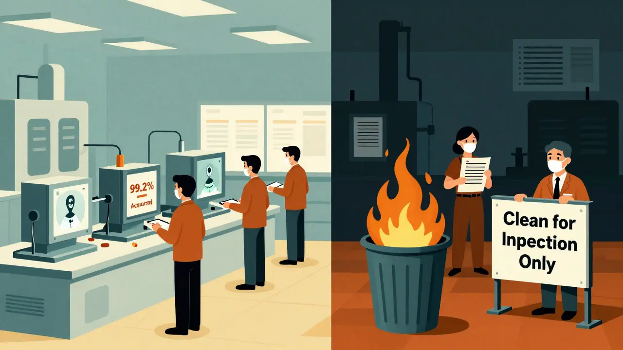 Split scene: automated quality control in U.S. factory vs. falsified documents burning in overseas facility.