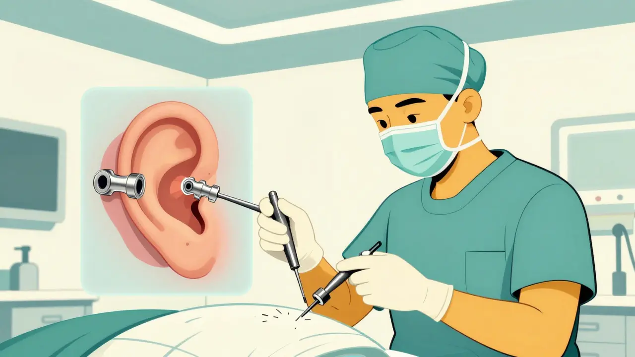 Surgeon using a laser to insert a titanium prosthesis during a stapedotomy procedure.