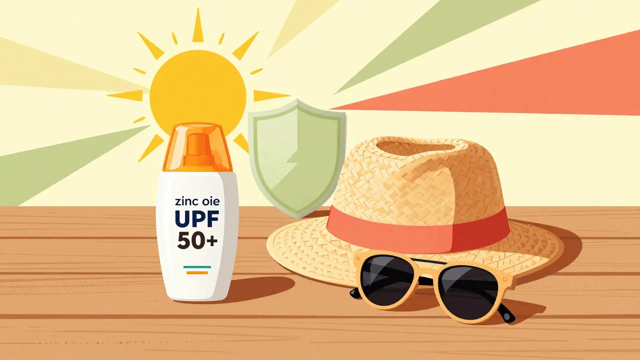 Three sun protection items — sunscreen, hat, and sunglasses — arranged as a mid-century still-life with protective sun rays.