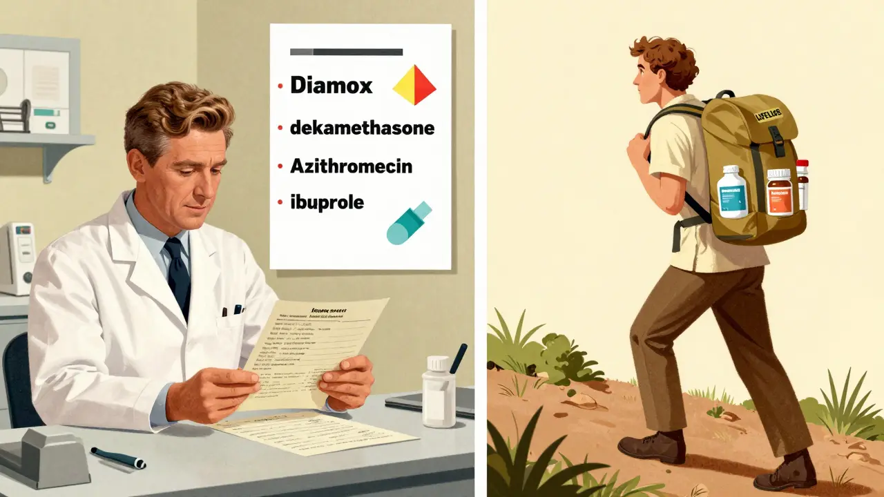 A doctor reviews medical checklist with floating pill icons, while a pilgrim climbs with labeled med kit in vintage illustration style.