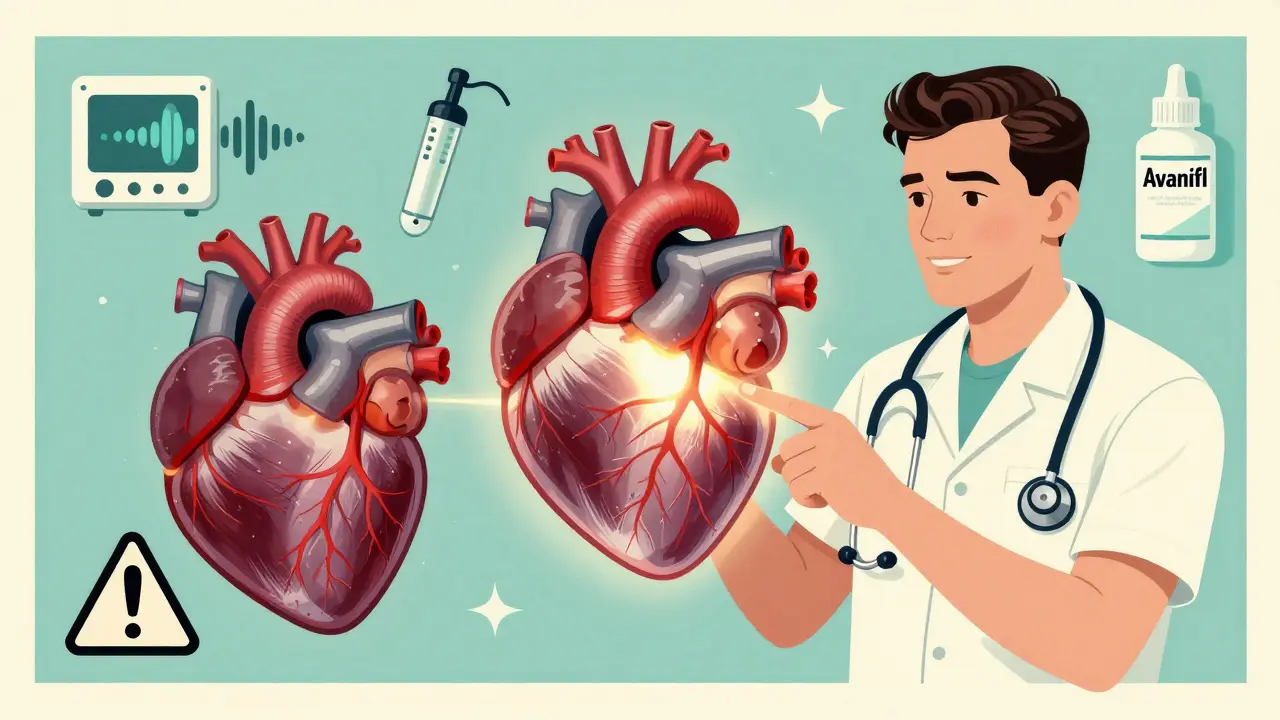A heart connected to the penis with medical alternatives like soundwave therapy and vacuum pump floating nearby.