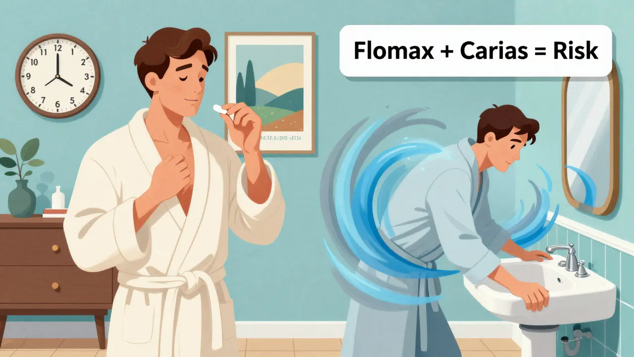 A man feeling dizzy after taking Cialis and Flomax, with a clock and pressure waves showing the interaction.