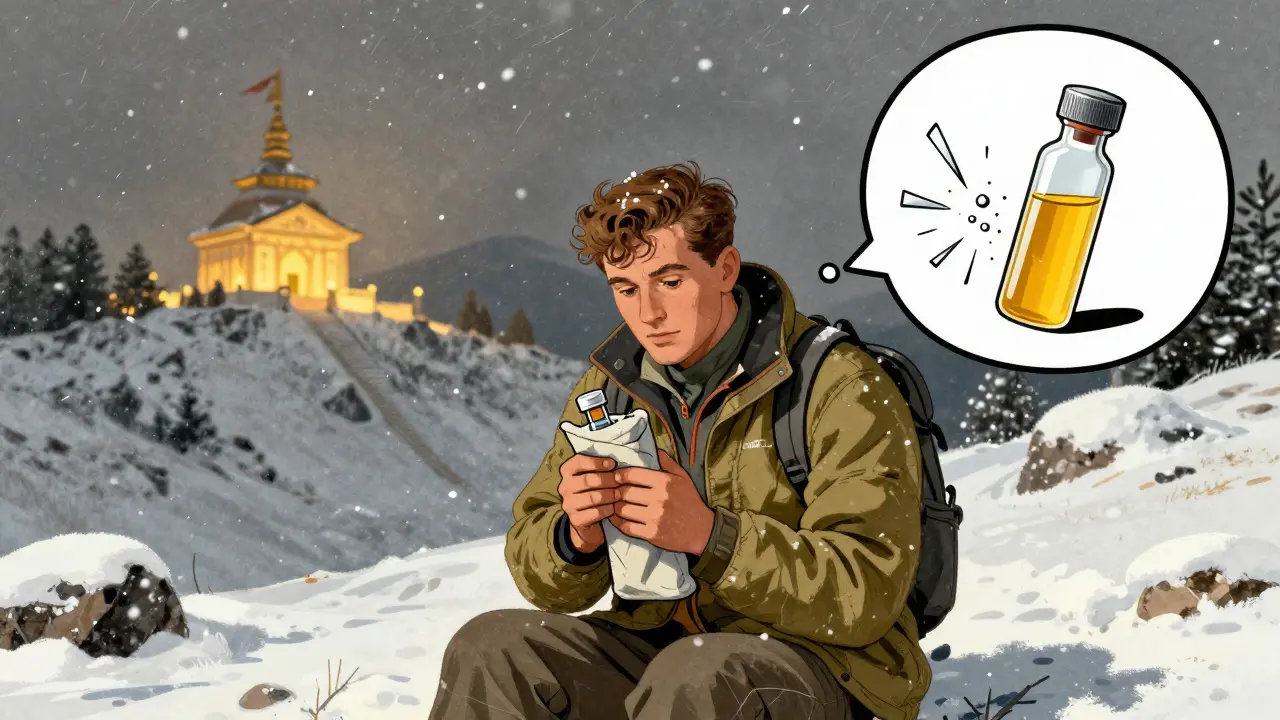 A trekker protects insulin from freezing cold by keeping it close to their body, with snowstorm and distant shrine in background.