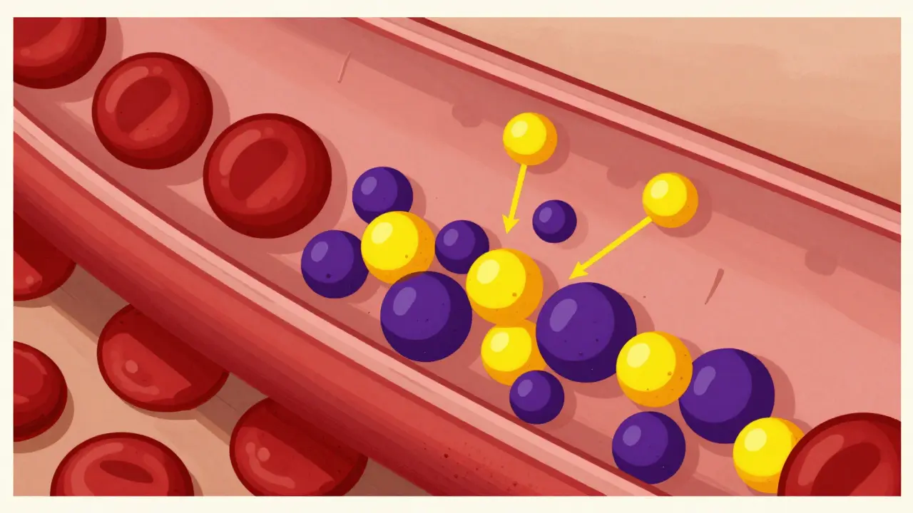Abstract illustration of blood cells with turmeric molecules interfering with clotting