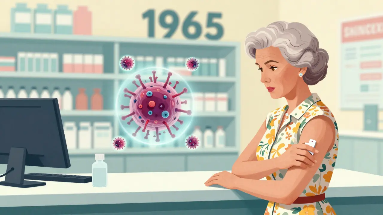 An older woman receiving her second Shingrix dose at a pharmacy with a visual representation of the virus being blocked.