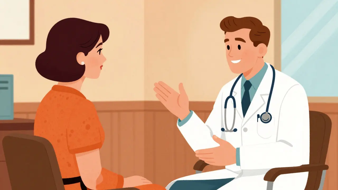 Doctor and patient consulting in a warm retro office