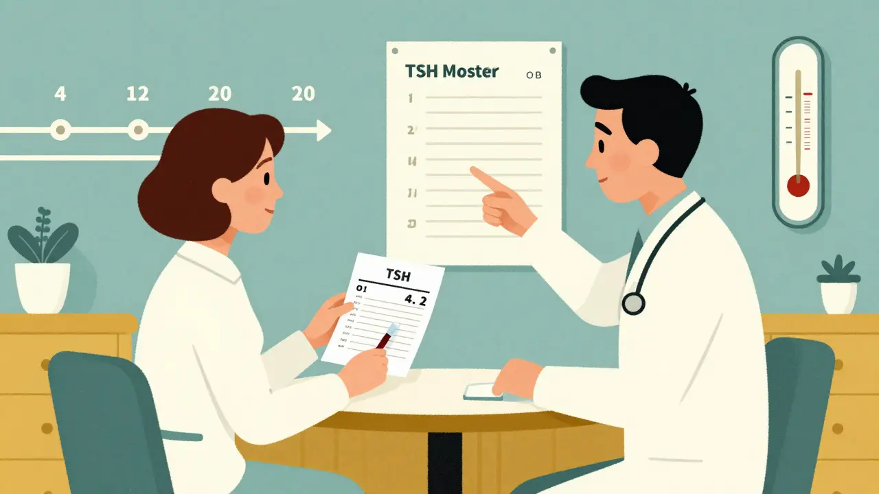Doctor showing pregnant patient TSH test results with trimester dosage chart.