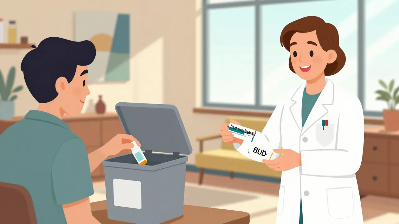 Patient discarding expired medication as pharmacist hands over new prescription.