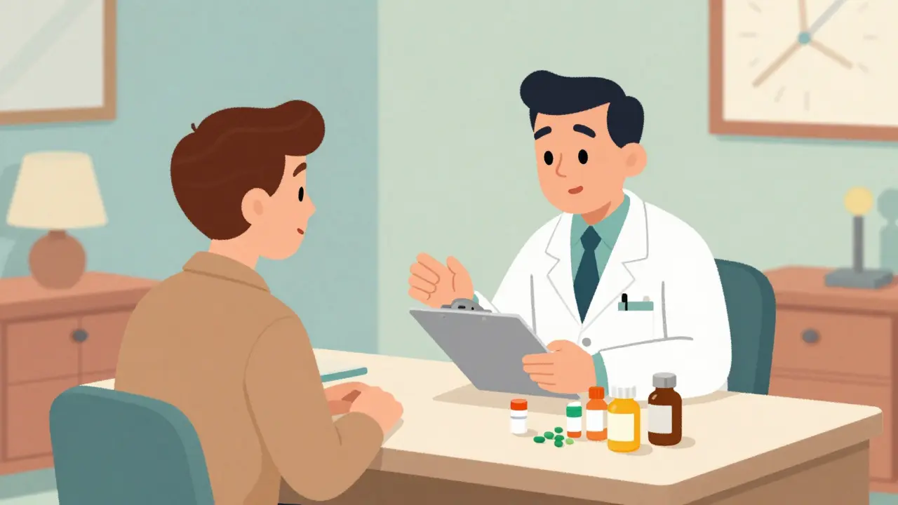 Patient discussing medications with pharmacist at consultation desk