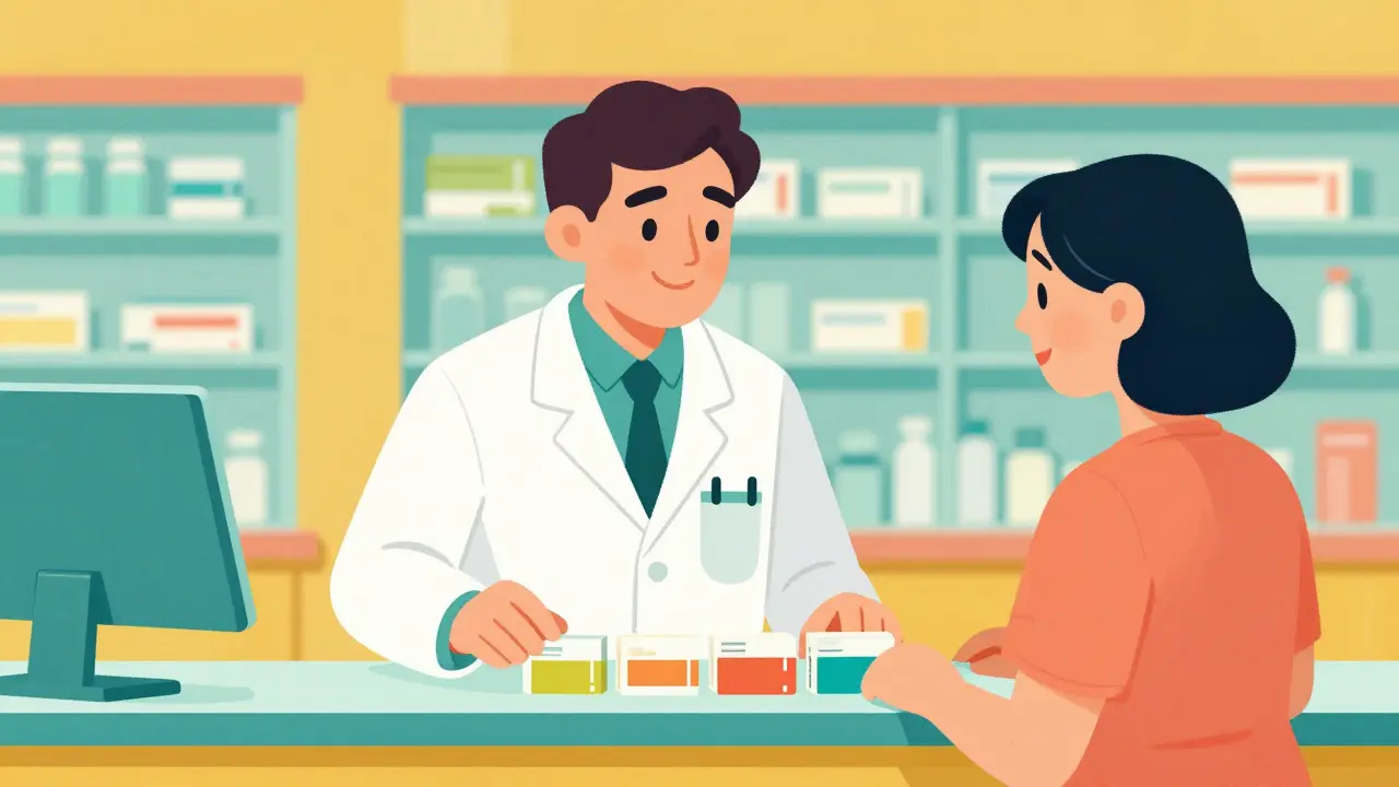 Pharmacist helping patient organize prescriptions at counter.