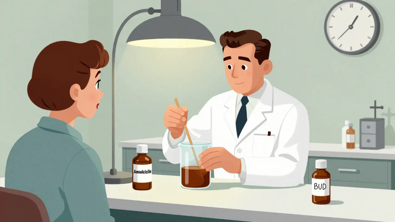 Pharmacist preparing compounded medication with handwritten beyond-use date label.