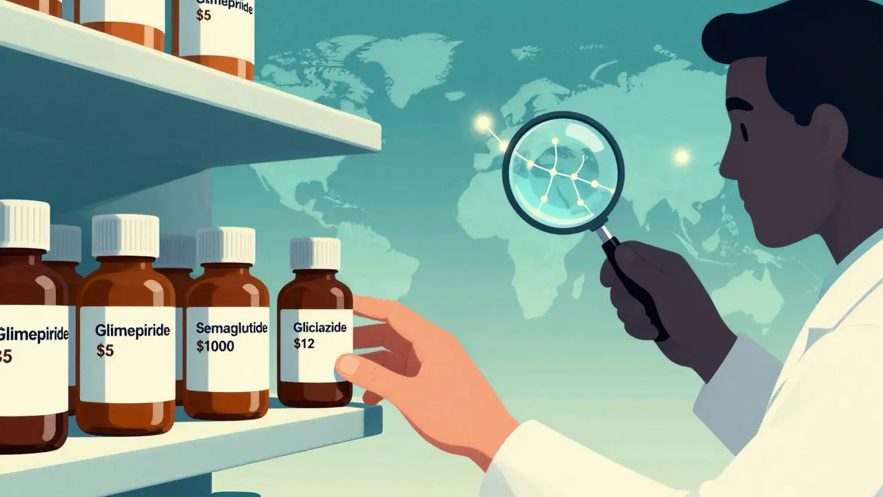Pharmacy shelf comparing costs of diabetes medications, with gliclazide highlighted, in retro cartoon style.